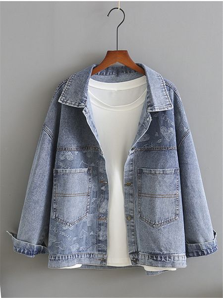 

women's plus size outerwear coats plus size clothese for spring and autumn denim jacket solid color longsleeved printing washed and age, Black