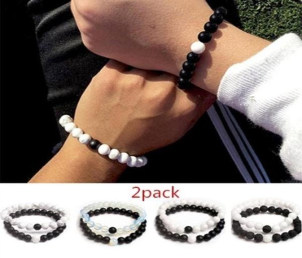 

beaded strands 2pcs beaded bracelets set natural stone beads couples distance energy elastic bracelet rope men women friend jewel4223499, Black