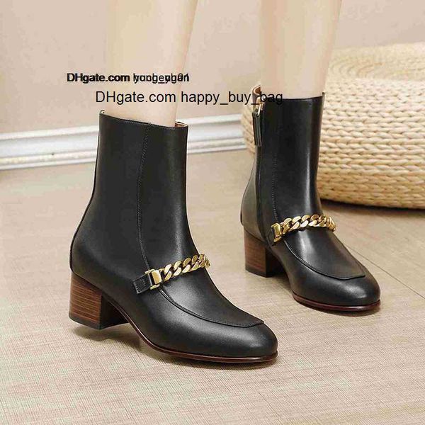 

martin black designer short boots round toe cowskin leather side zipper buckle chain women winter shoes booties
