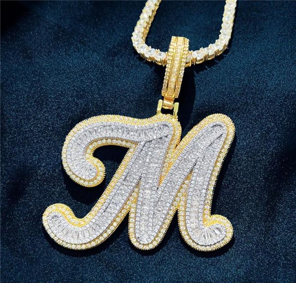 

custom az cut full real icy baguette cursive letters pendant necklace gold silver cubic zirconia men women with 24inch rope chain5501613