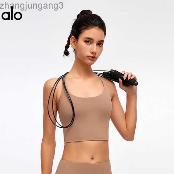 

alos yoga sports bra women's summer u-neck cross back sports bra running shock proof fitness top, White