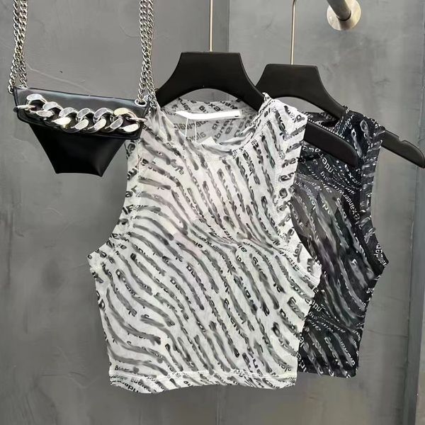 

wavy letters womens t shirts long sleeve mesh see through sleeveless vest, White