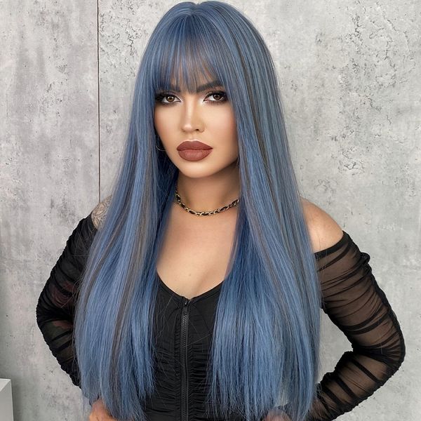 

europe and the united states wigs woman long straight hair 61cm mermaid blue streaks dyed fringe chemical fiber full head set, Black