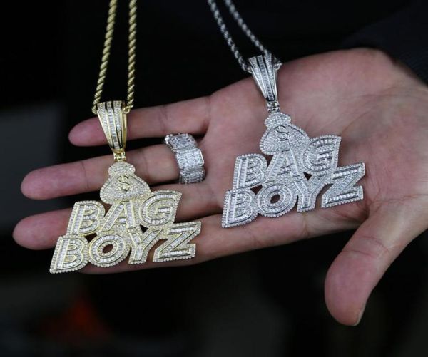 

chains punk styles necklace with full cubic zircon paved letter bag boyz charm pendant rope chain for men boy hip hop2808872, Silver