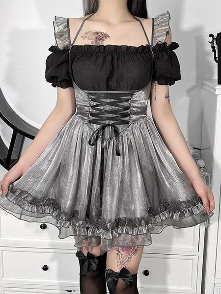 

Casual Dresses Women Dark Gothic Mini Dress Lolita Style Vintage Mesh Girl Lace Up Strap Summer Y2k Harajuku Partywear High Waist, Silver