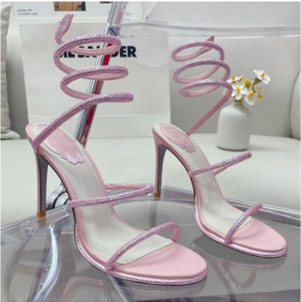 

high heel sandals women's strass shoes ankle wrap high hee wedding crystal encrusted snake luxury designer fashion 9.5cm rc cleo rene c, Black