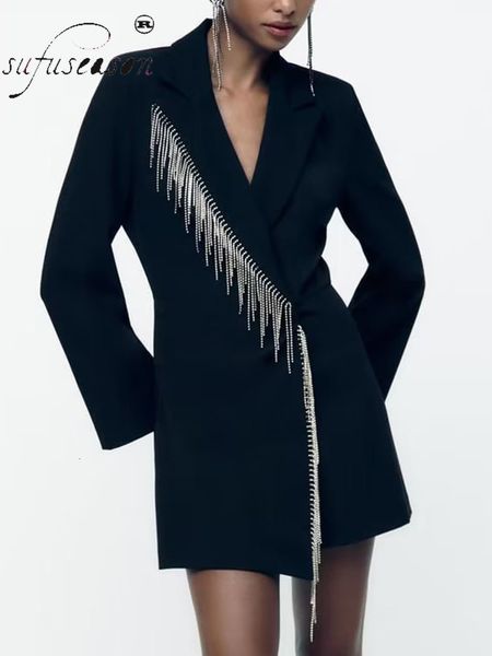 

women's jumpsuits rompers womens autumn suit style jumpsuit office lady shiny tassels outwear long sleeve romper short suit 230325, Black;white