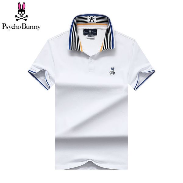 

fashionable mens polos solid color psychological rabbit brand european and american striped lapel and striped short sleeved t shirt skull ra, White;black