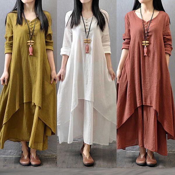 

dress women linen 2023 spring new false two-piece long sleeve round neck solid color loose plus size irregular casual, Black;gray