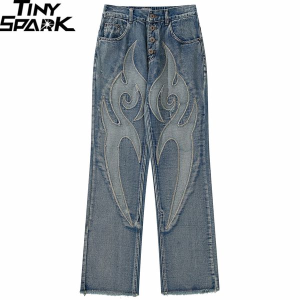 

men's jeans retro graphic embroidery jeans hip hop denim pants streetwear denim pants men harajuku cotton trousers harem pants elastic, Blue