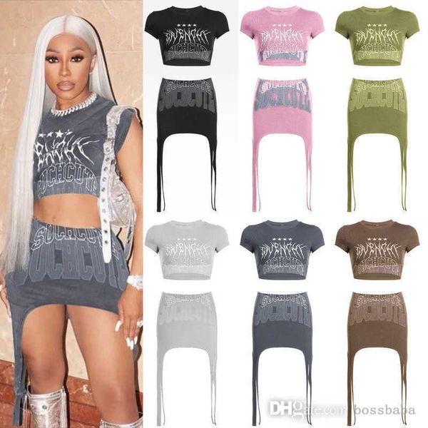 

designer women dress two piece outfits summer letter print round neck exposed navel short sleeve irregular half skirt set, Black;gray