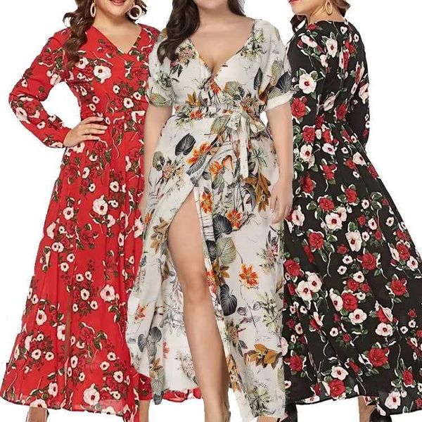 

floral long maxi dress woman ladies vacation modest plus size women's dresses women holiday fashion casual, Black;gray