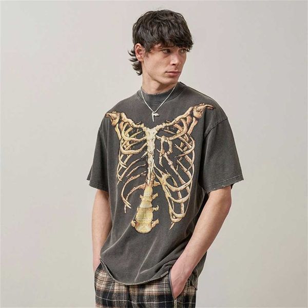 

80% off factory outlet online trendy vinage skeleton damage washing old fashion loose high street short sleeve t-shirt men, White;black