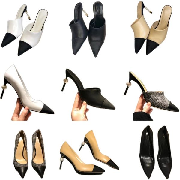 

Pointed Women Slippers Luxury Designer High Heels Pearl Stiletto Heels Pumps Vintage Soft Lampskin Letter Print Solid Clour Wedding Party Comfortable EUR36-41, Blue