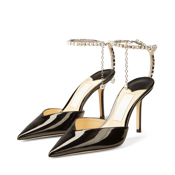

fashion women pumps sandals london saeda 85 mm italy originals pointed toe crystal ankle sling chain patent leather design wedding party san, Black