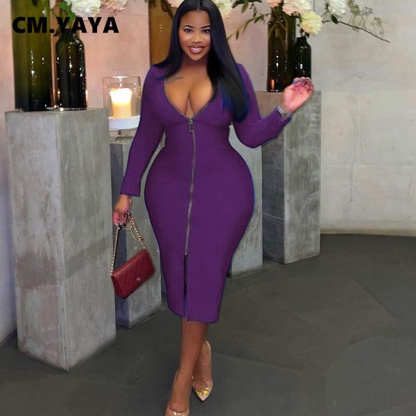 

plus size dresses cm.yaya plus size women deep vneck long sleeve zipper fly front slit bodycon midi dress club pencil party night dresses 23, Black
