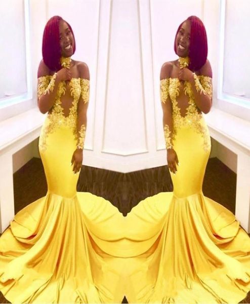 

yellow black girls mermaid prom dresses lace long sleeves backless satin floor length formal party wear evening gowns 9307402