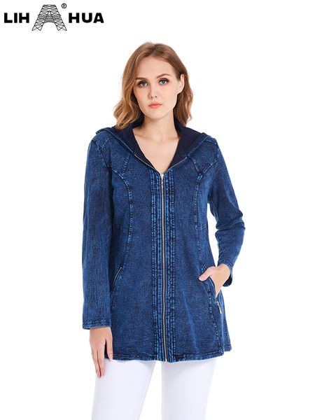

women's plus size outerwear coats lih hua women's plus size spring casual denim jacket woman high flexibility jacket hoodie jacket, Black
