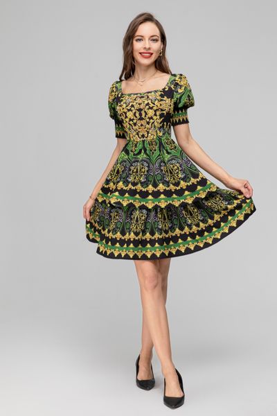 

fanncy dress floral printed square neck puff sleeve mini dress, Black;gray