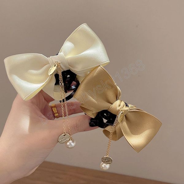

korean fashion bow hair grab barrette elegant pearl tassel hair clip hairpins hairgrips headwear for women hair accessories gift, Slivery;white