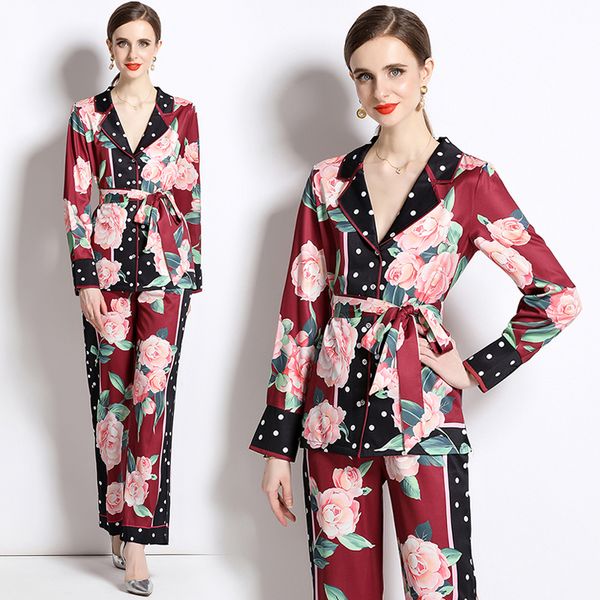 

floral two piece pants designer red sets 2023 blazer neck and graceful wide leg trousers chic pajamas set long sleeve home wear casual comf, White
