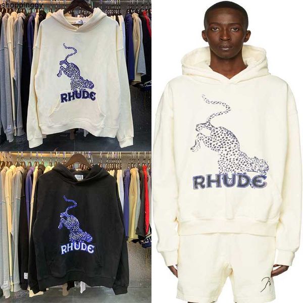 

hoodies sweatshirts quality leopard print rhude terry casual streetwear oversize hooded pullover, Black