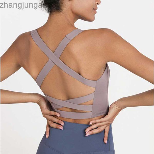 

alos yoga sports underwear beautiful straps chest pads shockproof crossover sports vest running fitness training women's top, White