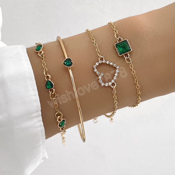 

fashion green rhinestone heart bracelet set for women square crystal charm chain bangle female trendy jewelry accessories, Golden;silver