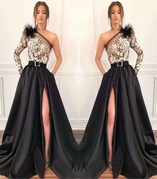 

one shoulder satin a line long prom dresses long sleeve lace applique feather split floor length formal party evening dresses bc164429128, Black