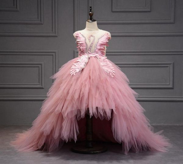 

girl039s dresses elegant swan crystal tulle trailing flower girl dress evening gown kids pageant birthday party feather lace pr8867141, Red;yellow