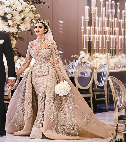 

luxury arabic champagne mermaid wedding dresses with detachable train high neck 3d lace long sleeves bridal gowns bling robe de ma3284616, White