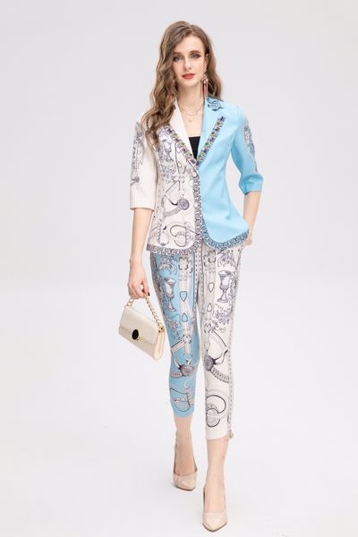 

women's two-piece pants blue-white splicing short-sleeved with trousers