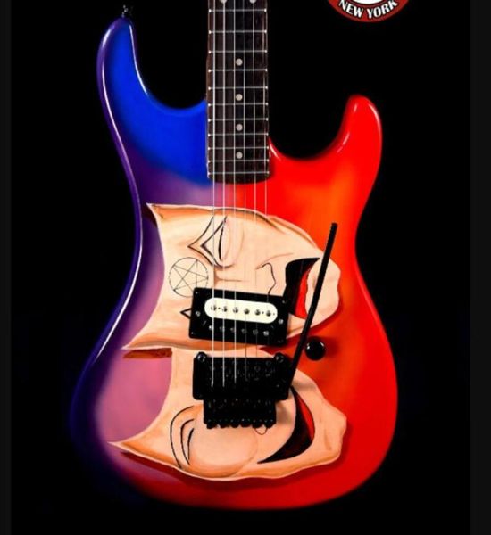

red purple motle crue barett mick mars theater pain electric guitar hand work paint unbranded pickup floyd rose tremolo bridge bla5261737