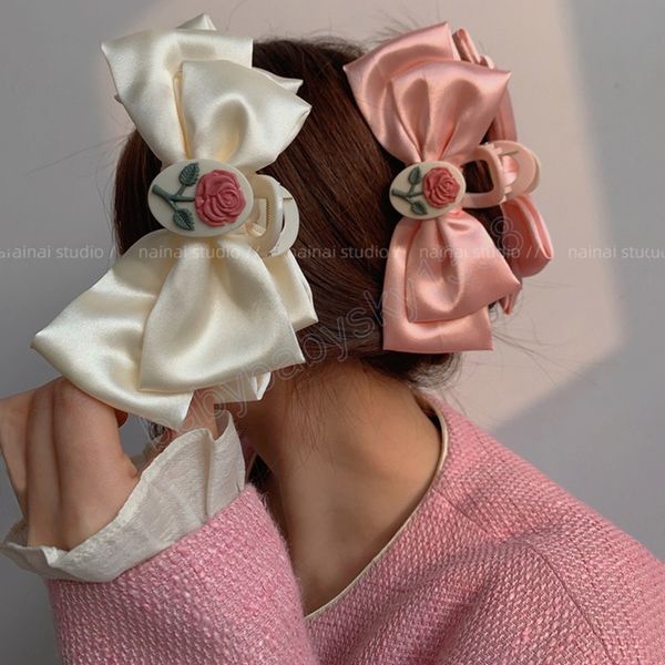 

exquisite large rose bow hair claws korean pink barrettes hair clips for women hair accessories headdress jewelry, Slivery;white