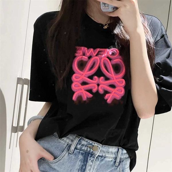 

80% off factory outlet online high edition 2023 summer new fashion luos style large neon embroidery men's and women's short sleeve, White;black