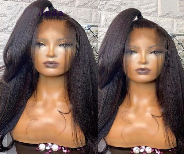 

yaki front lace wig 38 inch deep part long kinky straight wig natural black cosplay wigs middle wigs for black women 180density7577868, Black;brown