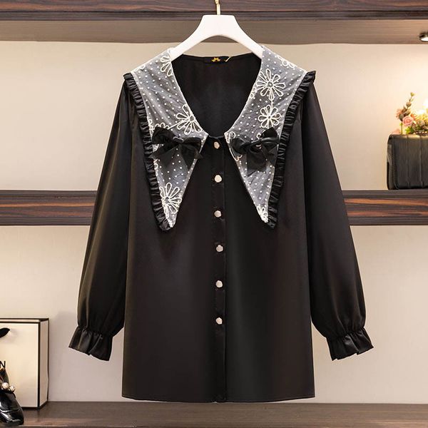 

women's plus size tshirt 150kg plus size women's bust 153 autumn loose longsleeved doll collar bow shirt black 5xl 6xl 7xl 8xl 9xl