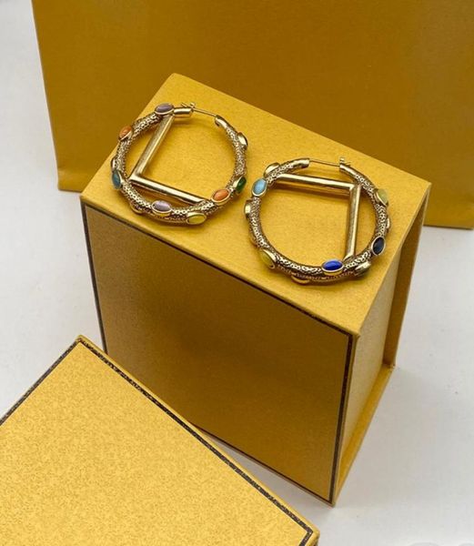 

designer womens earring studs vintage letters earring hoops women ear stud fashion brass hoop multicolor gemstone edging earrings 3294472, Golden;silver