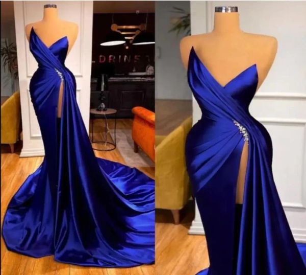 

2023 royal blue prom dresses designer satin beaded with overskirt pleats high split custom made evening gown formal occasion wear vestidos p, Black
