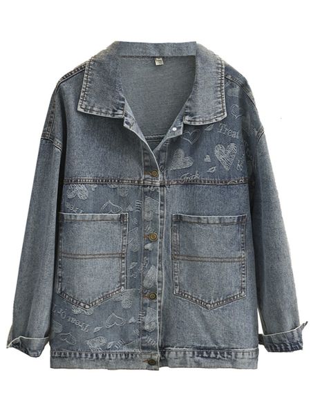 

women's plus size outerwear coats plus size denim jacket women clothing love jacquard turndown collar casual pockets letter standard co, Black