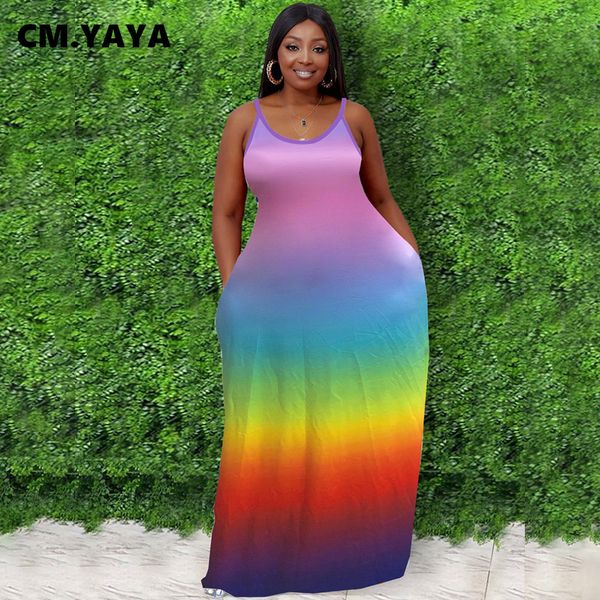 

plus size dresses cm.yaya women plus size dress rainbow color sleeveless oneck stretchy loose long maxi dresses fashion casual outfit summer, Black