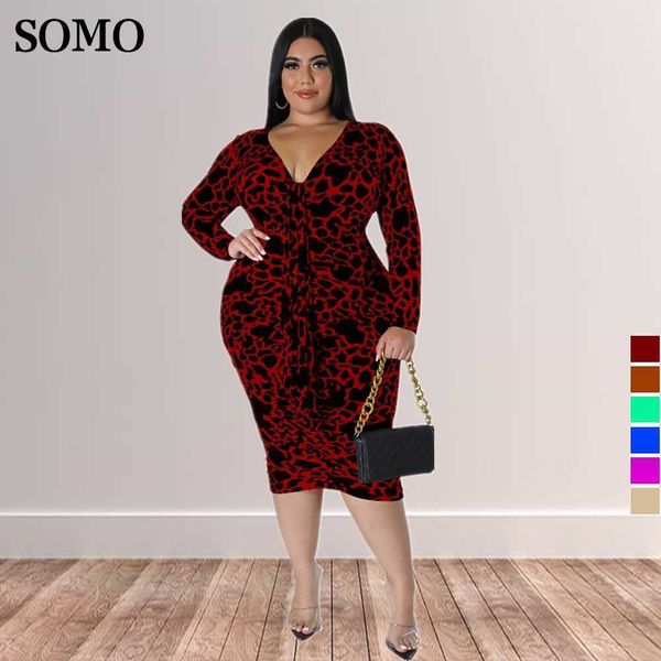 

plus size dresses v neck hip wrap women fashion leopard print long sleeve midi dress clothing wholesale dropshipping 230307, Black