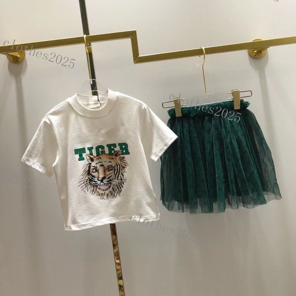 

2023 luxury designer clothing sets fashion girls cute gauze skirt cotton two piece suit cci brand logo children puff sleeve dress shirts tsh, White