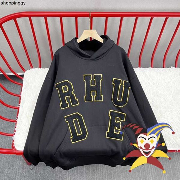 

hoodies sweatshirts orange flocking embroidered rhude quality pullover, Black
