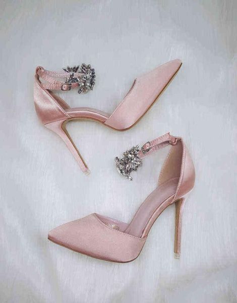 

fashionpink satin rhinestone high heels wedding shoes women pointed toe buckle strap elegant crystal ladies party shoes 4990802, Black