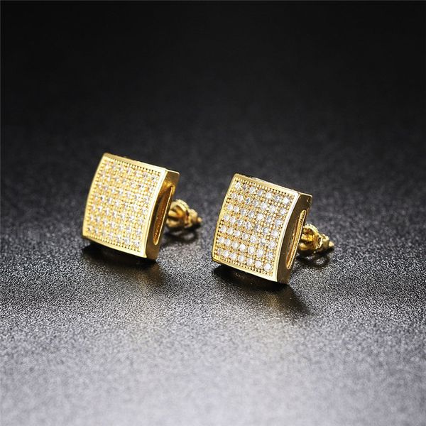 

new hip hop earrings for men gold silver iced out cz square stud earring with screw back jewelry, Golden;silver