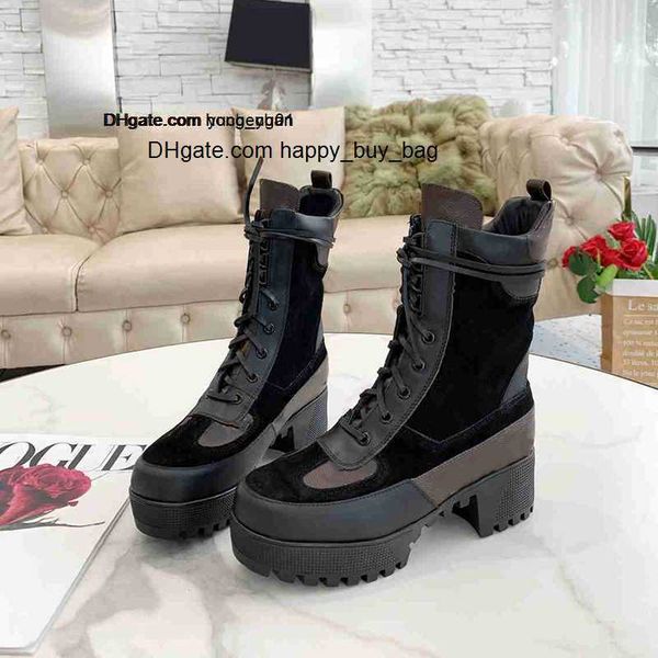 

leather cowhide martin boots canvas women desert boot fashion platform printed lace-up thick heels woman designer booties, Black