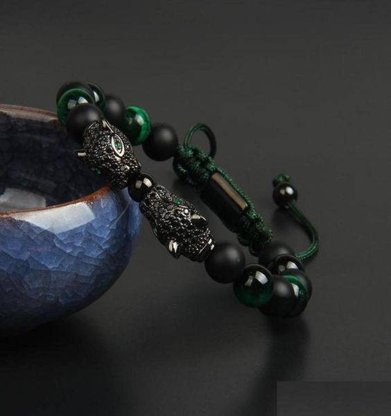 

charm bracelets new black cz double leopard bracelets whole 8mm natural matte onyx green tiger eye stone bracelet mens panther5108745, Golden;silver