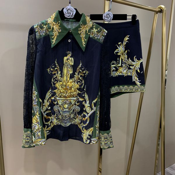 

women's trousers two-piece black art print hollowed out lace sleeve shirt with shorts, White