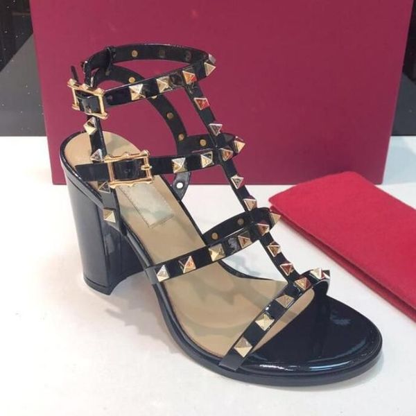 

with box valentinoes valentinoity women leather stud sandals platform sandals summer high heels rivets shoes genuine leather ladies dcs, Black